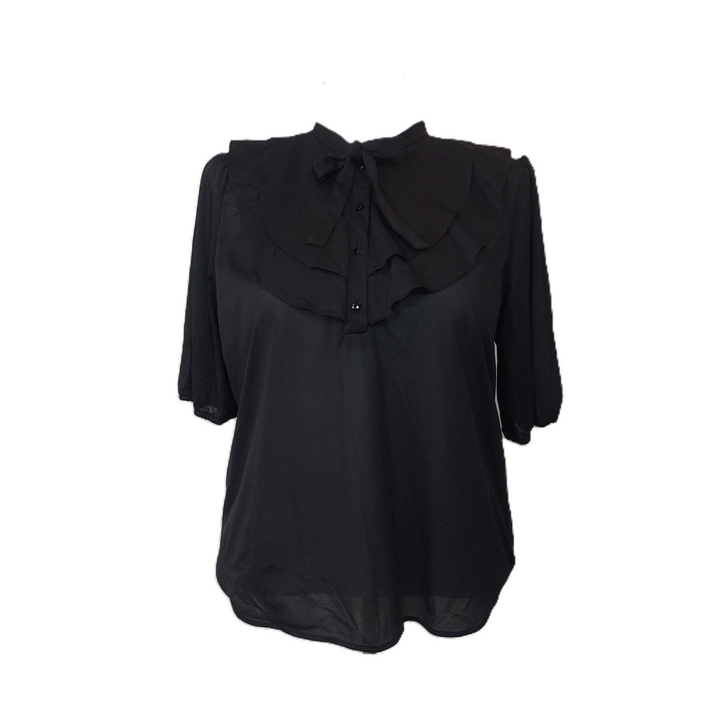 Vintage Secretary Blouse Top Womens 42 (Med) Black Tie NeckChiffon Ruffle Bib
